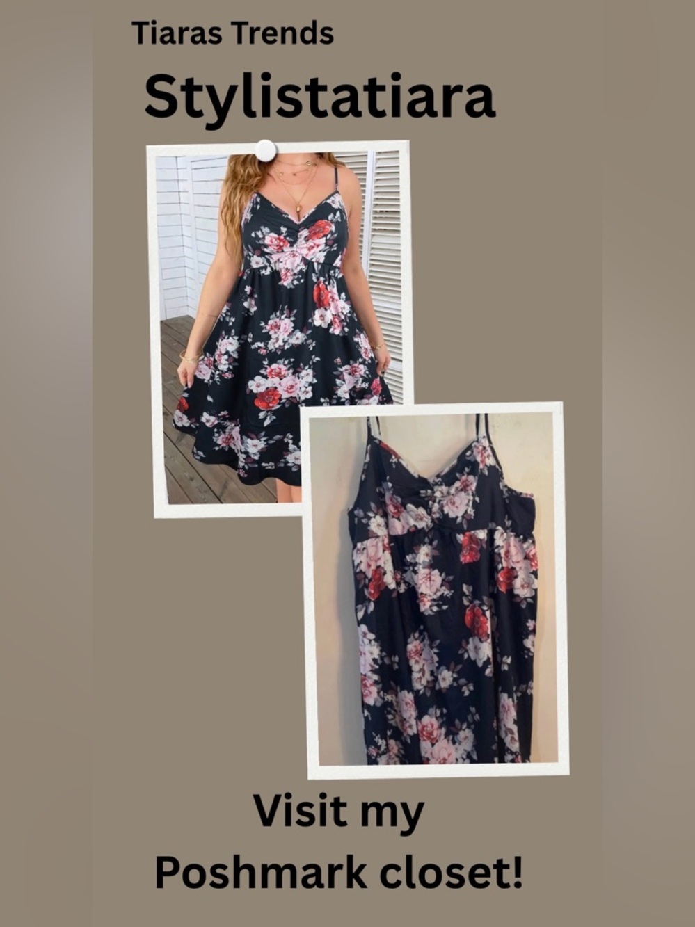 Floral Spaghetti Strap A-Line Dress in Black and Pink - Picture 10 of 10